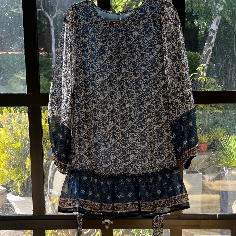 Elegant Blue Patterned Long Sleeve Dress